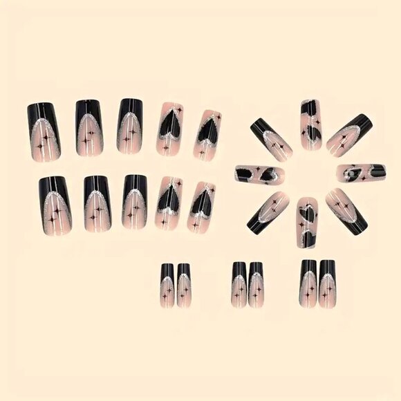24 Black Glitter Heart Nails Press On Style Star Kit Fake Glam Vacation Reusable - Picture 1 of 5